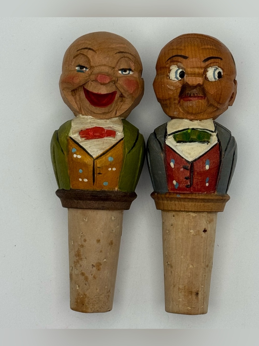 Vintage ANRI Italy Hand Carved Wood Character 2 Bottle Stoppers Cork Mid Century